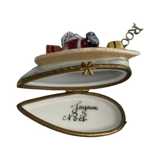 Hand-painted Santa on a Surfboard Limoges box, French artistry for lovers of fine art