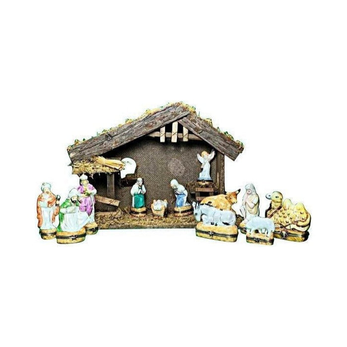 Limoges Boutique presents the Rochard Satin Nativity Set, 12 Pieces, a genuine Limoges box painted by hand in France