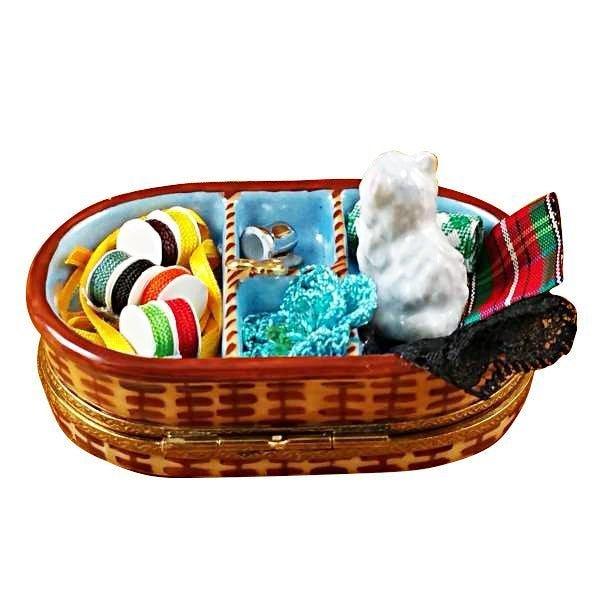 Sewing Basket Charm for Cat Lovers Porcelain Limoges Home Cat French Trinket Box