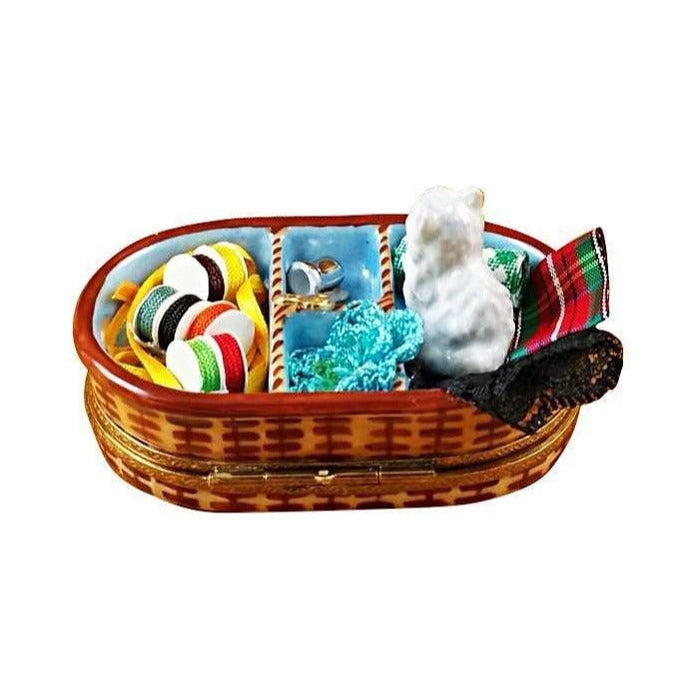 Hand-painted Sewing Basket with Cat Limoges box, French artistry for lovers of fine art