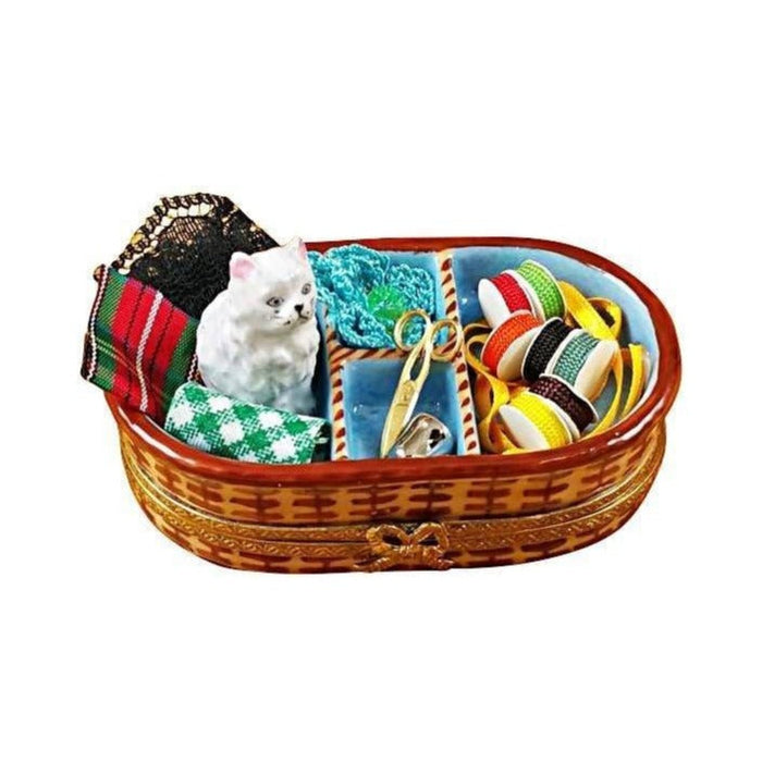 Genuine Rochard Sewing Basket with Cat Limoges box painted by hand in France, from Limoges Boutique