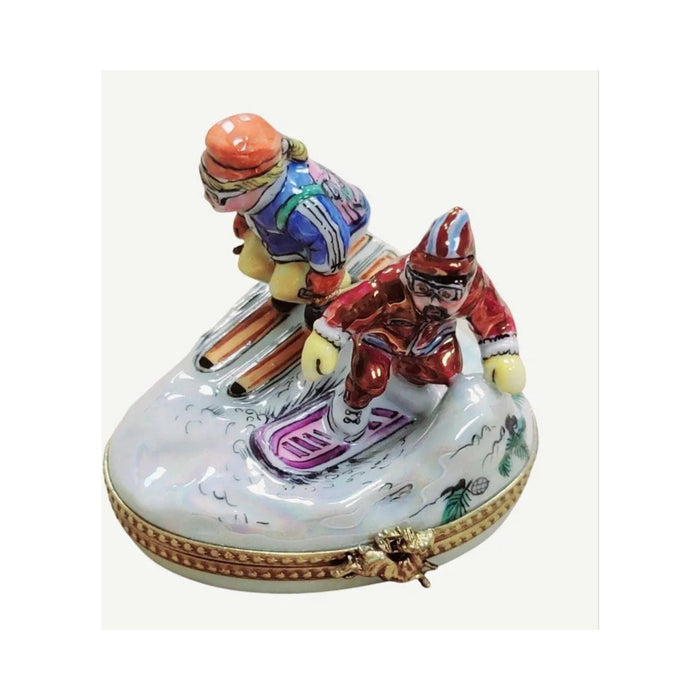 Authentic Skiers Skiing Limoges box, hand-painted in France, from Limoges Boutique