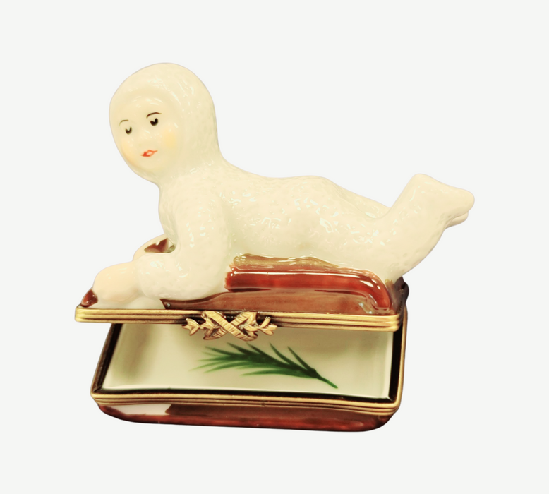 Snowbaby Kid on Sled Winter Sleigh Limoges Box Porcelain Figurine-xmas-CH1R193