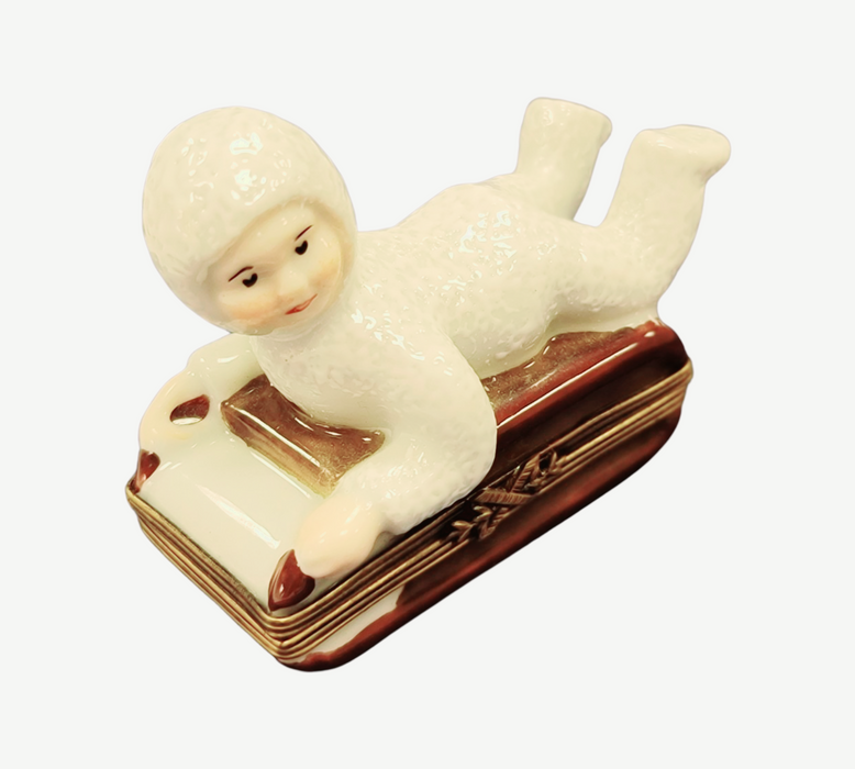 Snowbaby Sledding Adventure Box for Winter Enthusiasts Porcelain Limoges xmas French Trinket Box