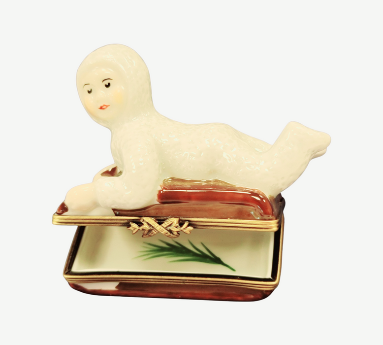 Snowbaby Sledding Adventure Box for Winter Enthusiasts Porcelain Limoges xmas French Trinket Box