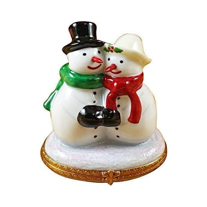Authentic Rochard Snowman Couple Limoges box, hand-painted in France for Christmas, from Limoges Boutique
