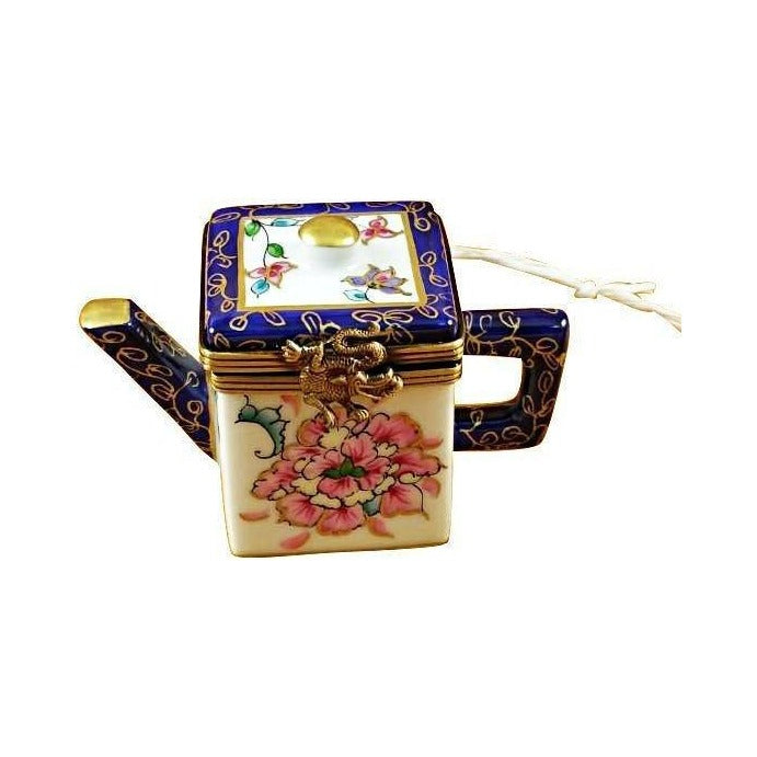 Every brushstroke by hand on the Square Teapot with Blue Spout Handle Limoges box from France