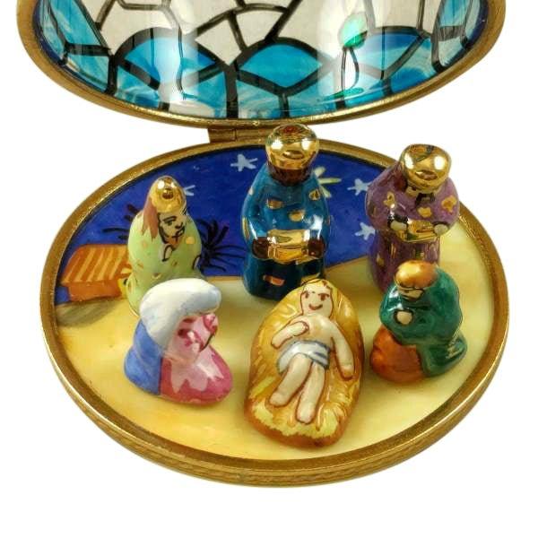 Stained Glass Nativity Centerpiece Porcelain Limoges nativity French Trinket Box