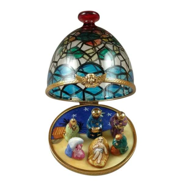 Stained Glass Nativity Centerpiece Porcelain Limoges nativity French Trinket Box