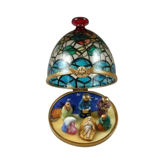 Genuine Rochard Stained Glass Dome with Nativity Inside Limoges box painted by hand in France, from Limoges Boutique