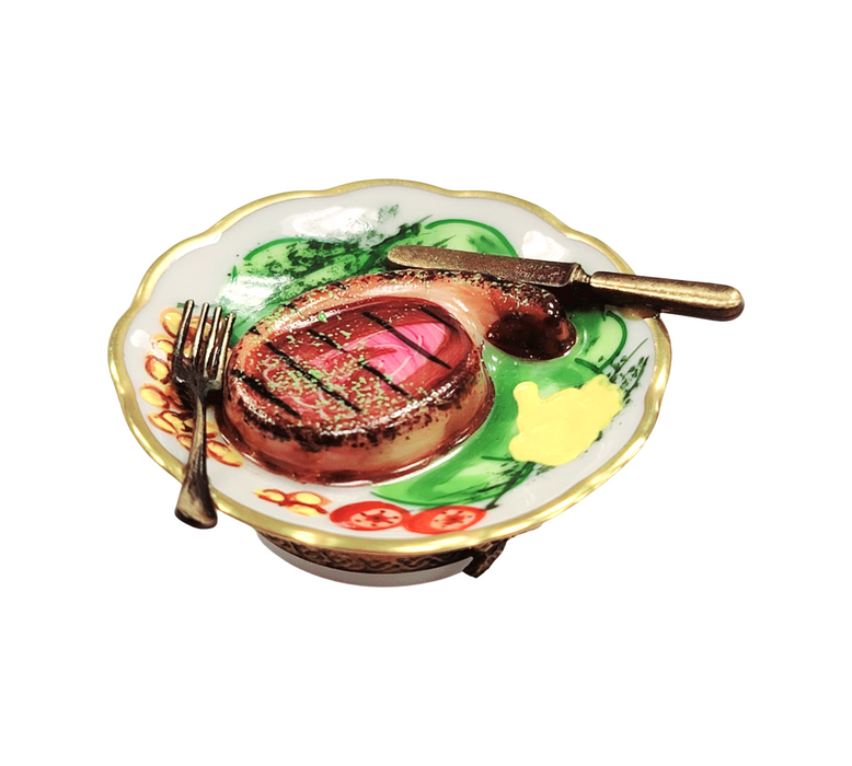 Steak Dinner on Plate Limoges Box Porcelain Figurine-food LIMOGES BOXES-CH1R129