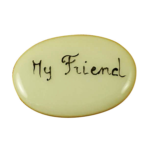 Two tiny hand-painted porcelain My Friend filler tablets to tuck inside a Limoges box