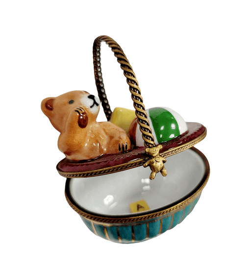 Teddy Bear Basket Charm for Baby Showers Porcelain Limoges Teddy French Trinket Box