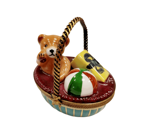 Teddy Bear Basket Charm for Baby Showers Porcelain Limoges Teddy French Trinket Box