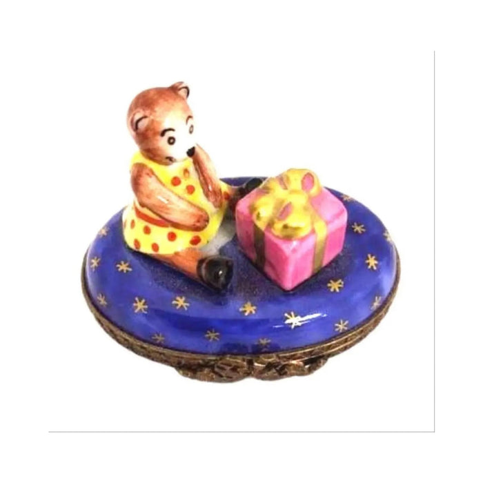 Limoges Boutique presents the Cute Little Teddy Bear Girl Present, a genuine Limoges box painted by hand in France