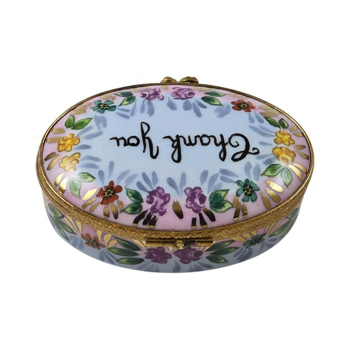 Reverse of the Thank You Oval Limoges box, painted all the way around