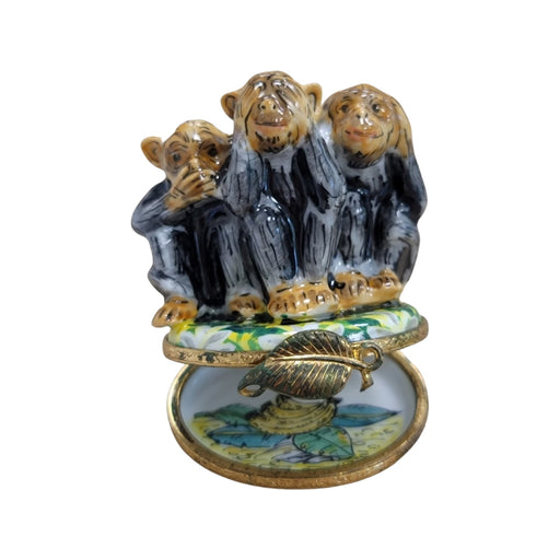 Three Monkeys Hear See Speak Limoges Box Porcelain Figurine-wild animals religion-CH7N143