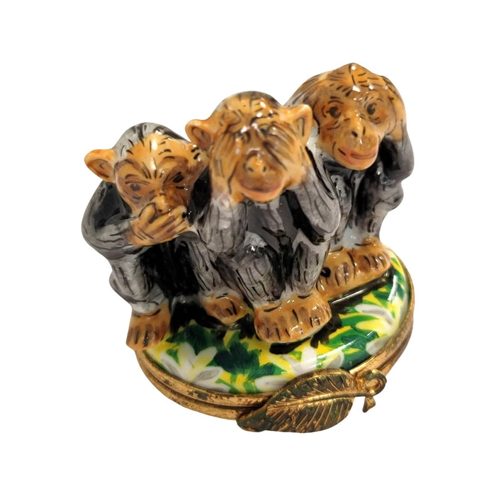 Three Monkeys Hear See Speak Limoges Box Porcelain Figurine-wild animals religion-CH7N143