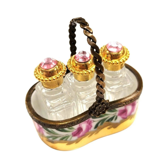 Artisan-painted 3 Perfumes in Gold Basket Limoges box from France, a cherished collectible