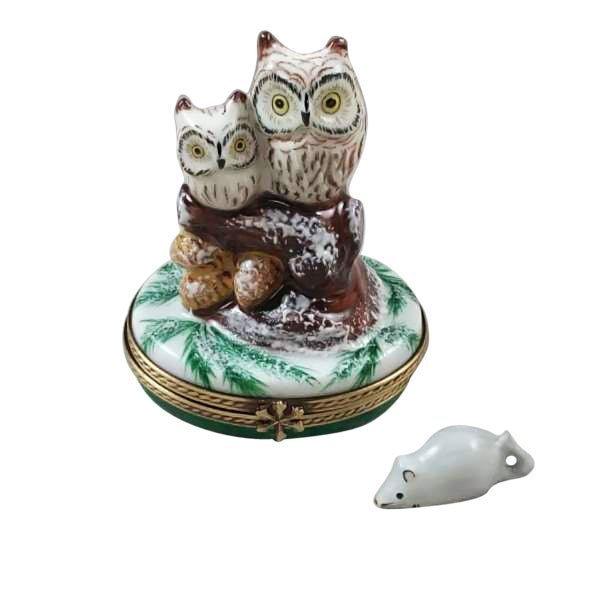 Christmas Owls With Mouse Porcelain Limoges bird owl French Trinket Box