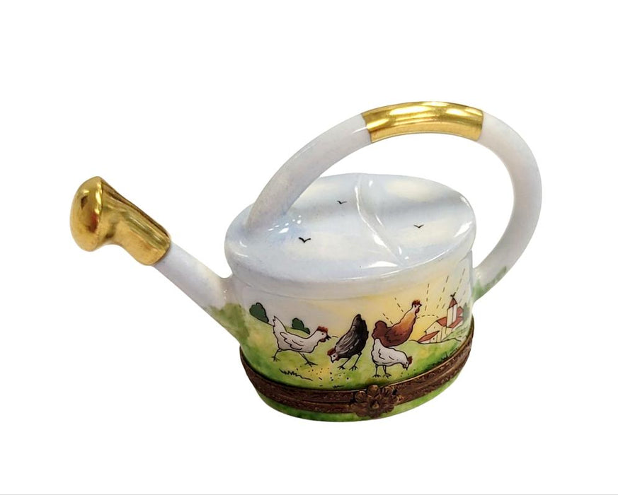 Watering Can w Chickens-Limoges Box garden flowers frog-CH2P289