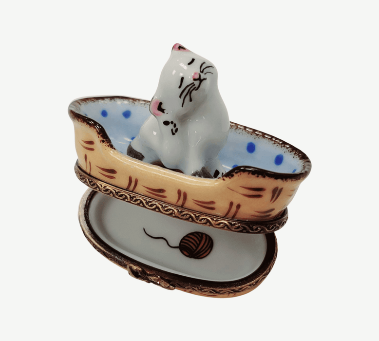 White Cat in Blue Basket for Cat Lovers Porcelain Limoges cat French Trinket Box