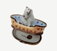 White Cat in Blue Basket for Cat Lovers Porcelain Limoges cat French Trinket Box