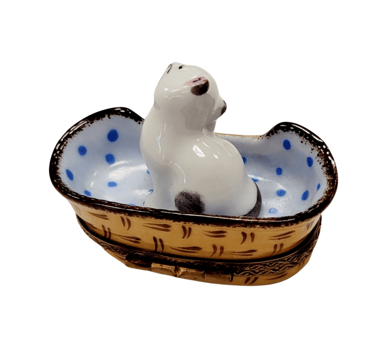 White Cat in Blue Basket for Cat Lovers Porcelain Limoges cat French Trinket Box