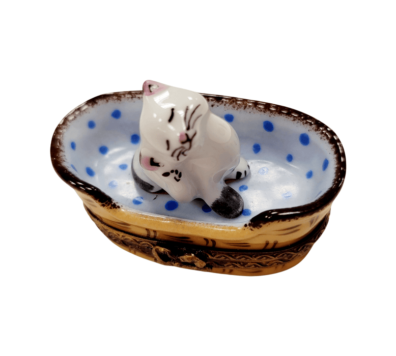 White Cat in Blue Basket for Cat Lovers Porcelain Limoges cat French Trinket Box