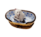 White Cat in Blue Basket for Cat Lovers Porcelain Limoges cat French Trinket Box