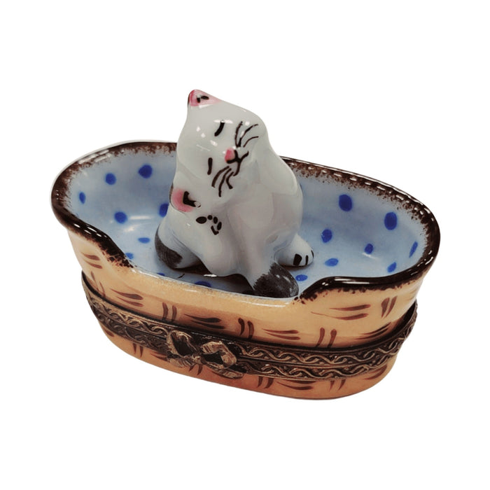 Authentic White Cat in Blue Basket with Mouse Limoges box, hand-painted in France, from Limoges Boutique