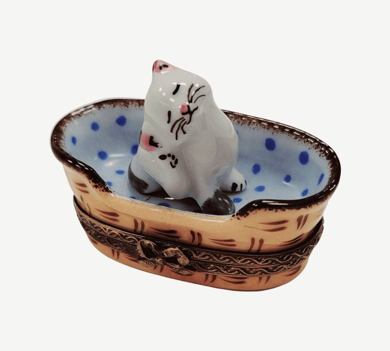 White Cat in Blue Basket for Cat Lovers Porcelain Limoges cat French Trinket Box