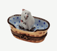 White Cat in Blue Basket for Cat Lovers Porcelain Limoges cat French Trinket Box