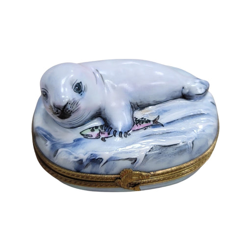 White Sea Lion Limoges Box for Collectors Porcelain Limoges fish ocean beach winter French Trinket Box