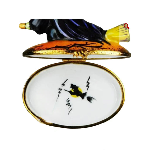 Witch Riding Broom for Halloween Collectors Porcelain Limoges Halloween French Trinket Box