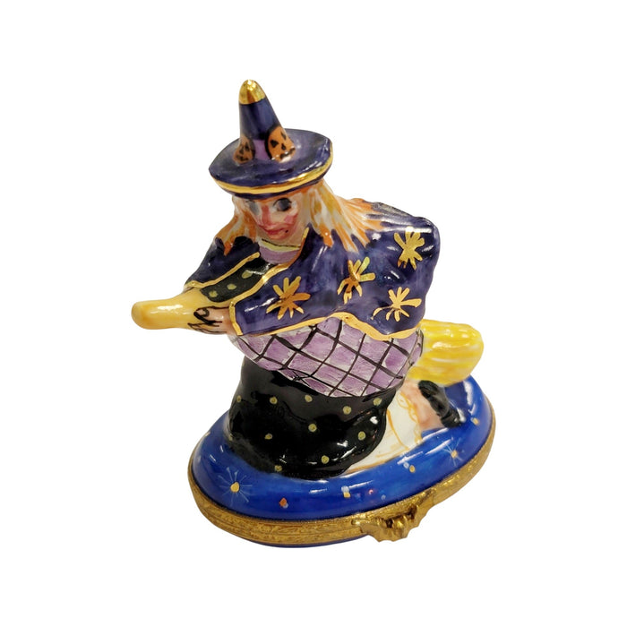 Witch on Broom Figurine for Halloween Decor Porcelain Limoges halloween French Trinket Box