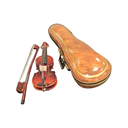 Wood Violin in Brown Case Limoges Box Porcelain Figur