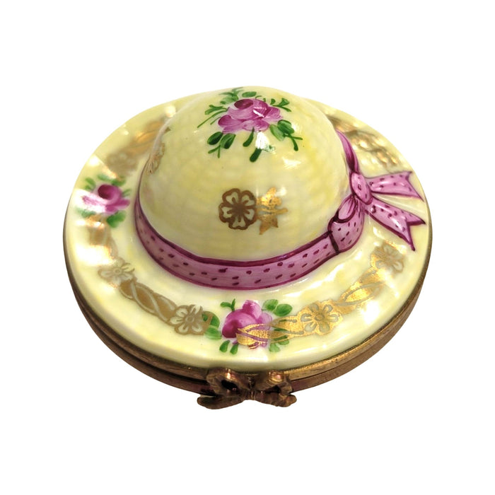 Yellow Bonnet Hat w Rabbit inside Limoges Box Porcelain Figurine-hats fashion LIMOGES BoXES-CH2P243