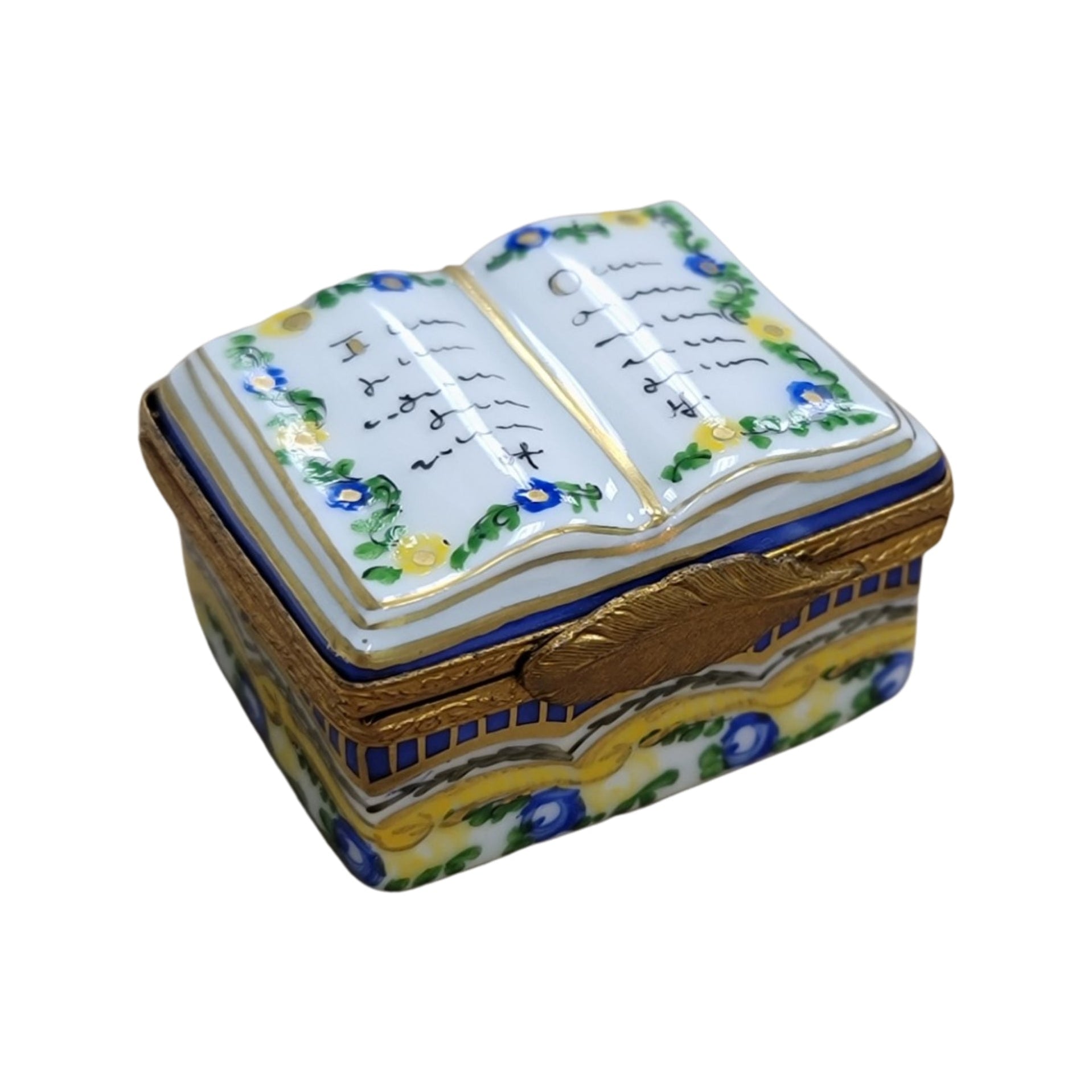 Yellow Light Blue Limoges Book Box – Hand-Painted French Porcelain