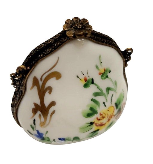 Yellow Purse Flowers w Special Antiqued Brass - One of a Kind Hand Painted Limoges Box Porcelain Figurine-purse trinket box limoges-CHPU18