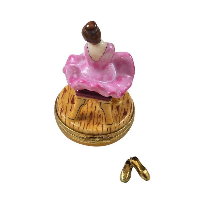 The painter's artistry shows on this Ballerina Pink Dress Brown Hair Limoges box