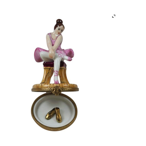 Artisan-painted Ballerina Pink Dress Brown Hair Limoges box from France, a cherished collectible