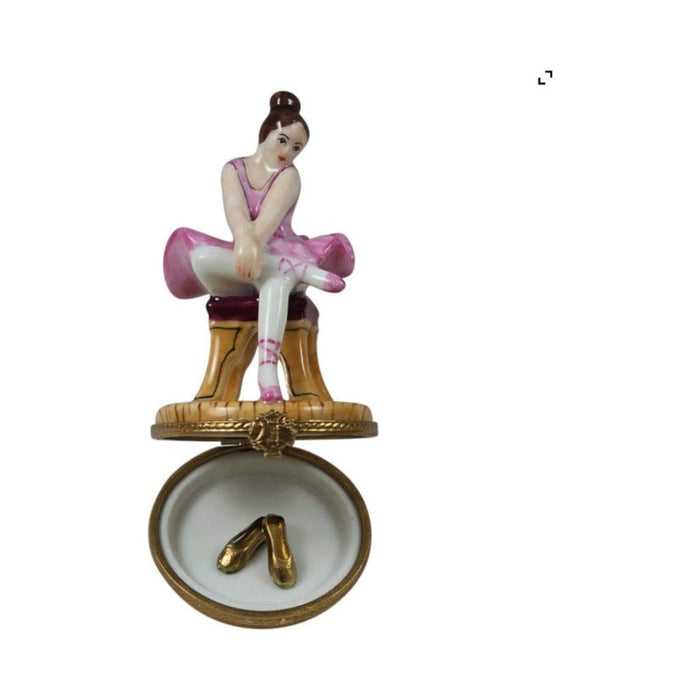 Artisan-painted Ballerina Pink Dress Brown Hair Limoges box from France, a cherished collectible