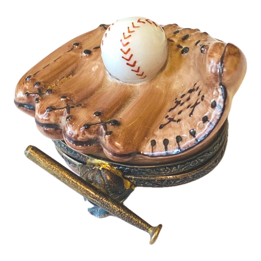 Baseball glove with ball and removable bat, hand-painted Limoges porcelain box