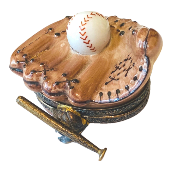 Baseball glove with ball and removable bat, hand-painted Limoges porcelain box