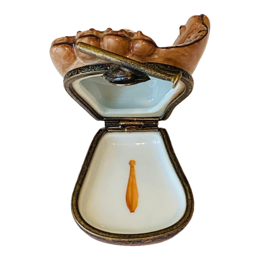Baseball glove hand-painted Limoges porcelain box, open view with bat painted inside
