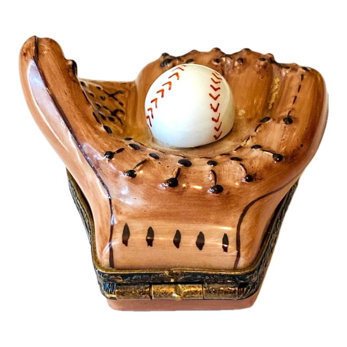 Baseball glove with ball hand-painted Limoges porcelain box, front view