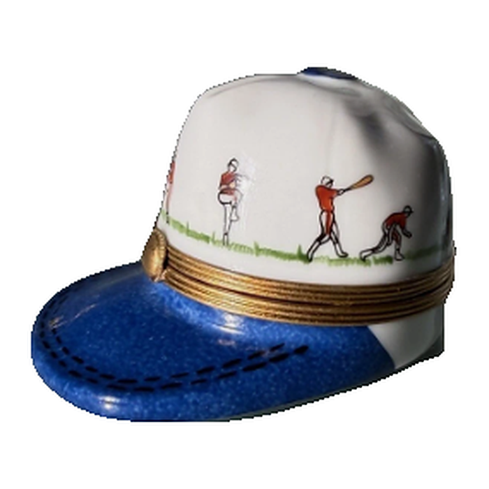 Baseball cap hand-painted Limoges porcelain box with ball players and blue brim