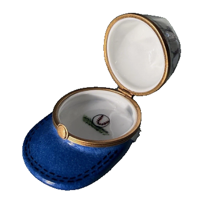 Baseball cap hand-painted Limoges porcelain box, open view with baseball painted inside