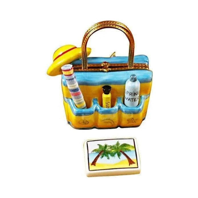 Hand-painted Beach Tote with Hat & Accessories Limoges box, French artistry for lovers of fine art